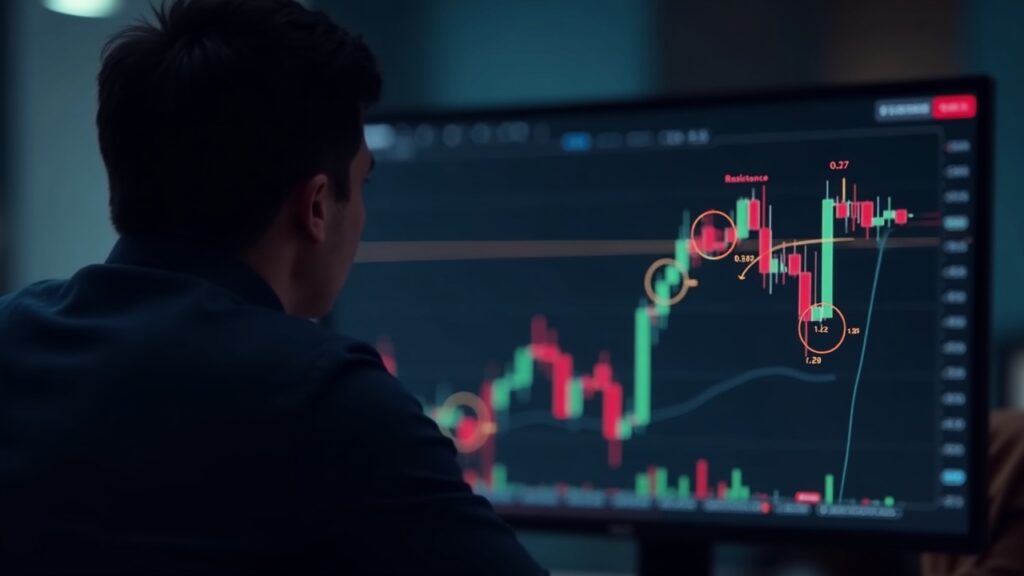 Dogecoin Price Aims for a 25% Gain, But Must Overcome $0.20 First Trader analyzes crypto chart on a bright monitor; Dogecoin logo and resistances 0,22 and 0,27 with volume.