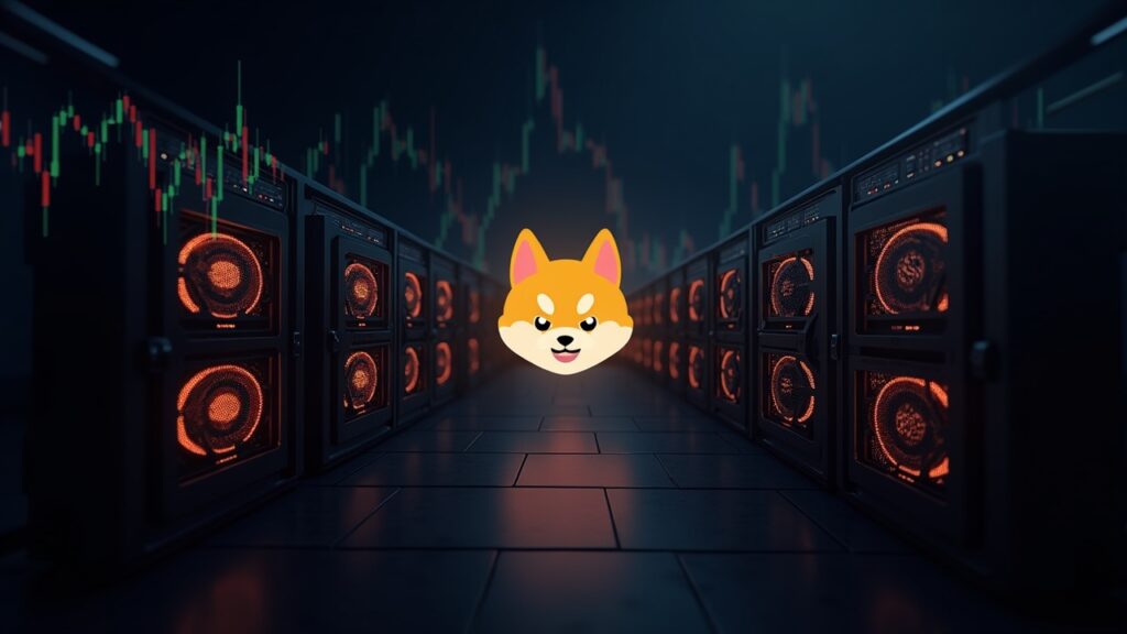 Large Dogecoin mining farms with ASIC rigs, upward-trending charts and a subtle political motif, modern crypto style.