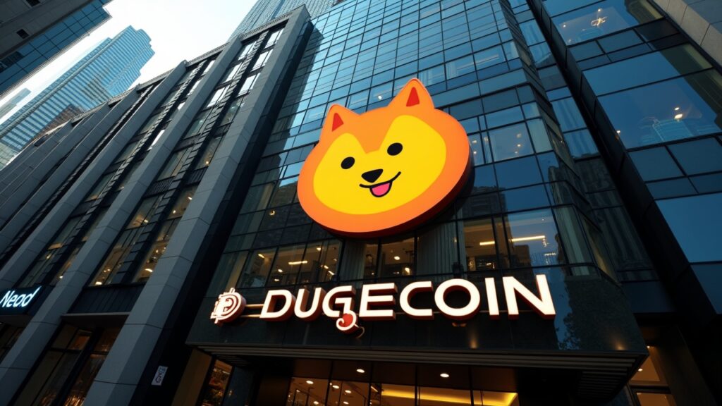 Dogecoin logo on the NASDAQ facade, surrounded by institutional traders, symbolizing DOGE in TradFi with ETPs.