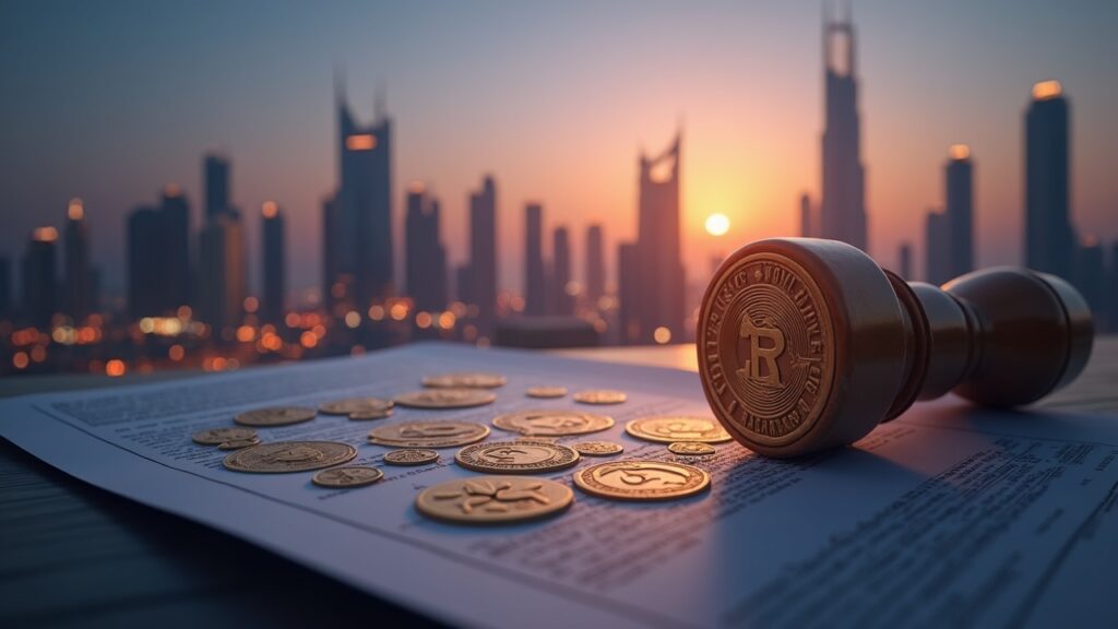 Regulatory seal stamping a document over cryptocurrency icons, with the Dubai skyline at sunset.