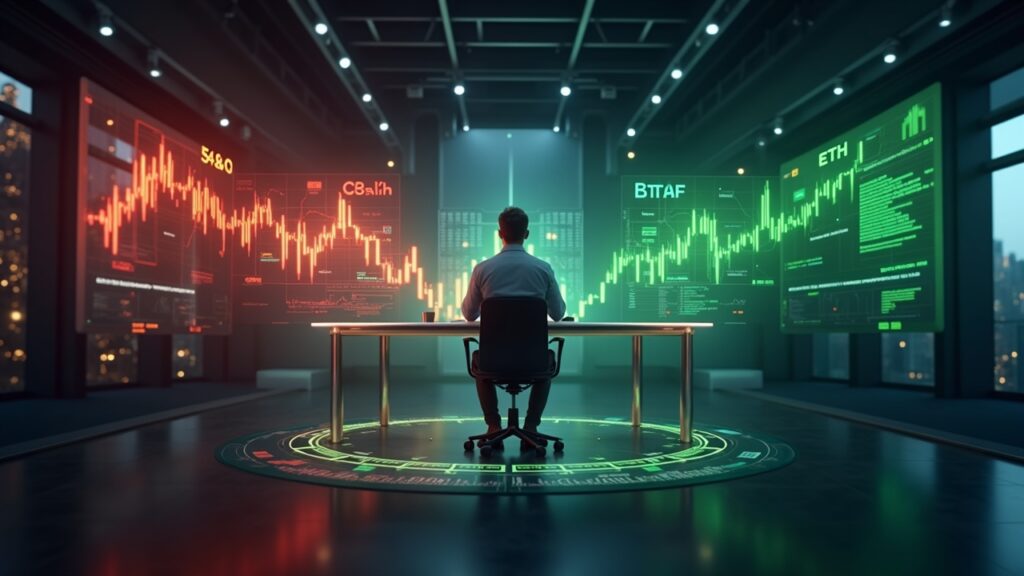 Analyst in front of holographic BTC and ETH charts turning from red to green, pointing to a $340M reversal in ETFs.