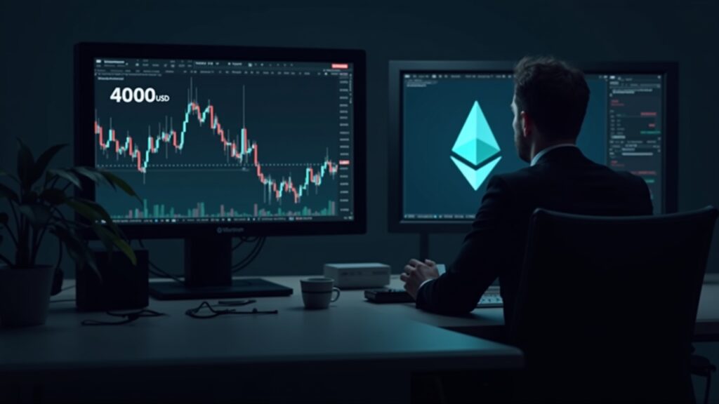 Ether Surpasses $4,000 as BitMine, Linked to Tom Lee, Is Buying the Dip News scene with ETH symbol on a monitor showing 4000 USD and a trader analyzing a buy-the-dip chart.