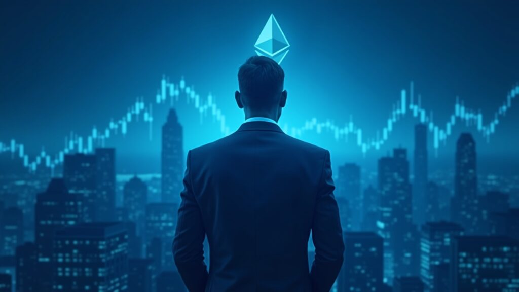 Institutional investor in a suit, ETH rises over a skyline of digital blocks and a price chart, blue tone.