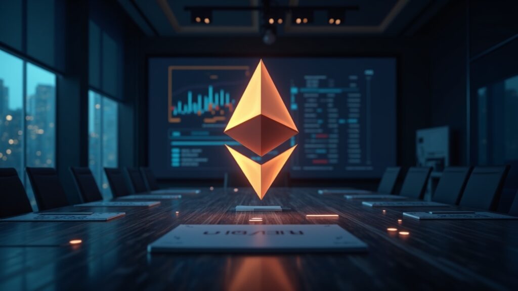 Modern boardroom with an illuminated Ether logo, screens with charts, and the concept of a 1.000 millones accumulator.