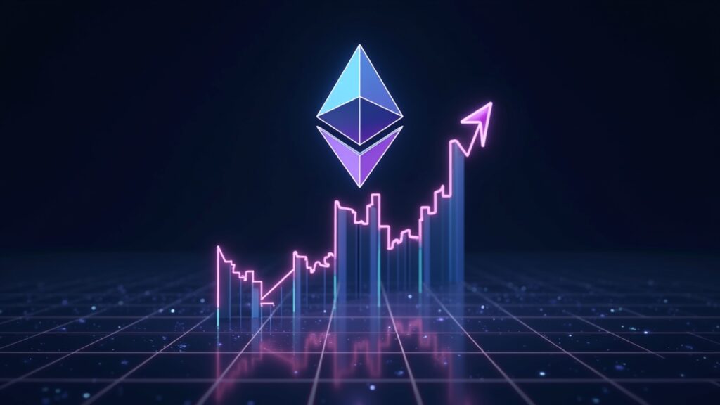 Ethereum logo over price chart with resistance 4500 and support 4300, neon grid background.