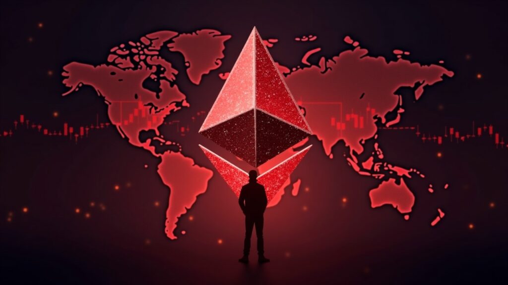 Broken Ethereum logo over red price charts and world map, with trader silhouette, symbolizing crash and volatility.