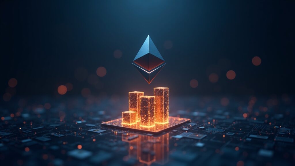 Photorealistic scene: Ethereum Layer 2 tower of glowing blocks with market chart and editorial lights.
