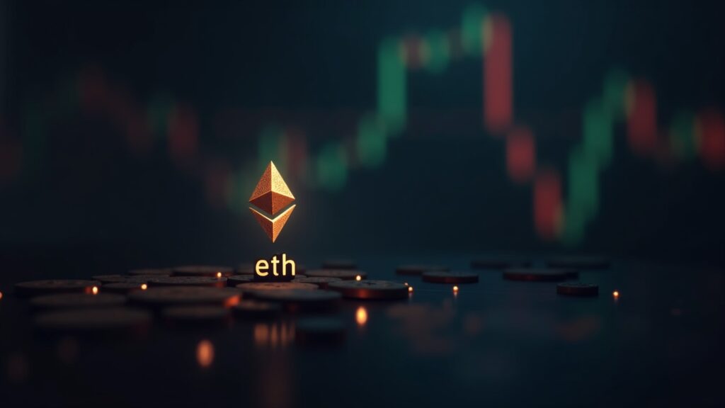Photorealistic scene of Ethereum with focused ETH logo, illuminated trading board and red/green tone, LTH sell-off.
