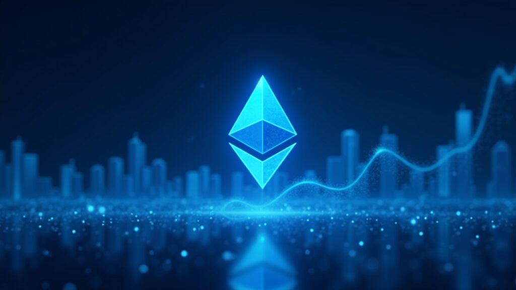 Photorealistic Ethereum logo shining over a rising chart and a decentralized skyline, in blue tones.