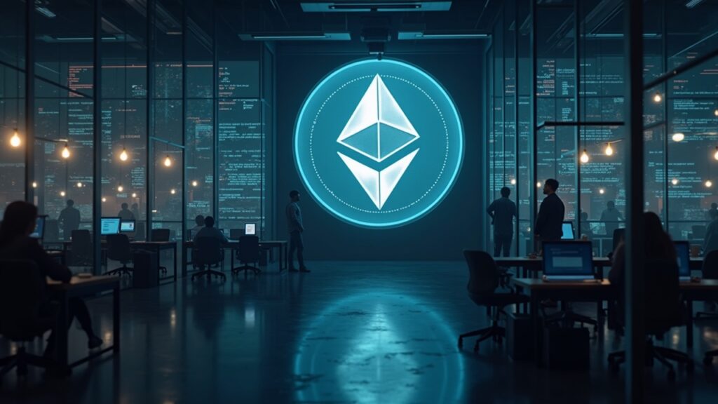 Photorealistic trading floor with Ethereum emblem and a whale placing a large order, walls showing doubt and mixed signals.
