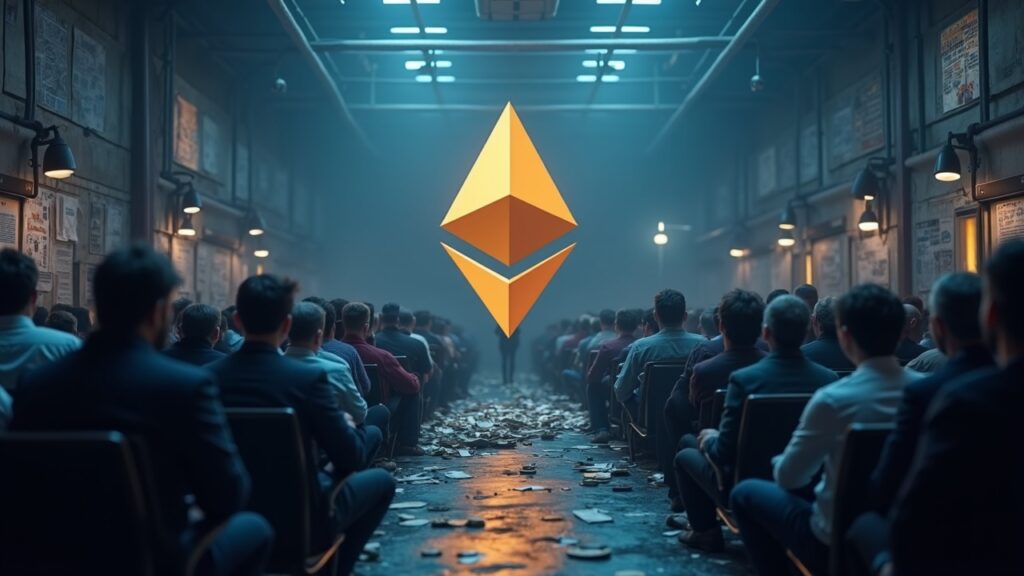 BitMine Immersion Technologies invests $113 million in Ethereum Photorealistic newsroom: Ethereum symbol split by BitMine buys and selling whales, with a validator exit queue in the background.