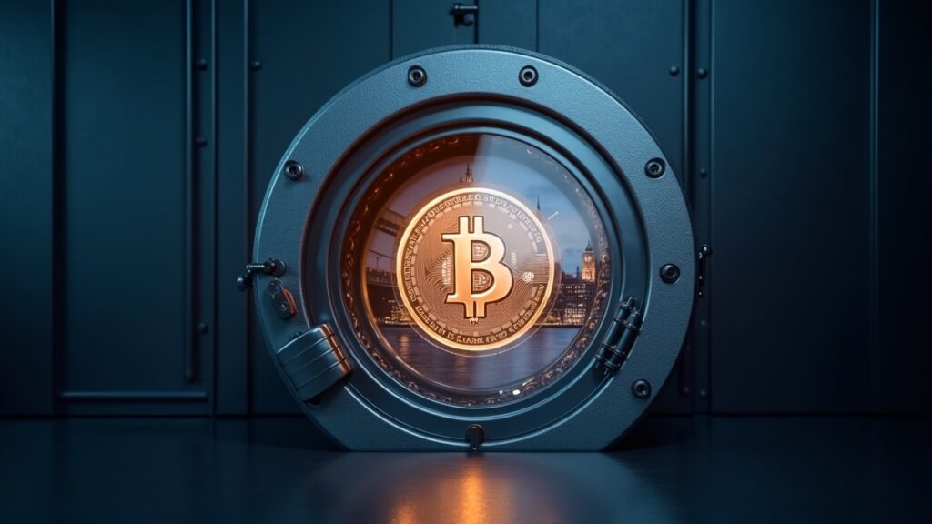 Bitcoin emerges from a transparent vault against the London skyline, symbolizing regulated retail access.