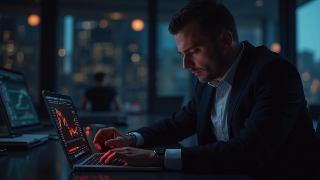 Retail Bitcoin traders show greatest fear since the October 20 crash Bitcoin trader in a news room, looking at a laptop with a red BTC chart and a retail fear meter