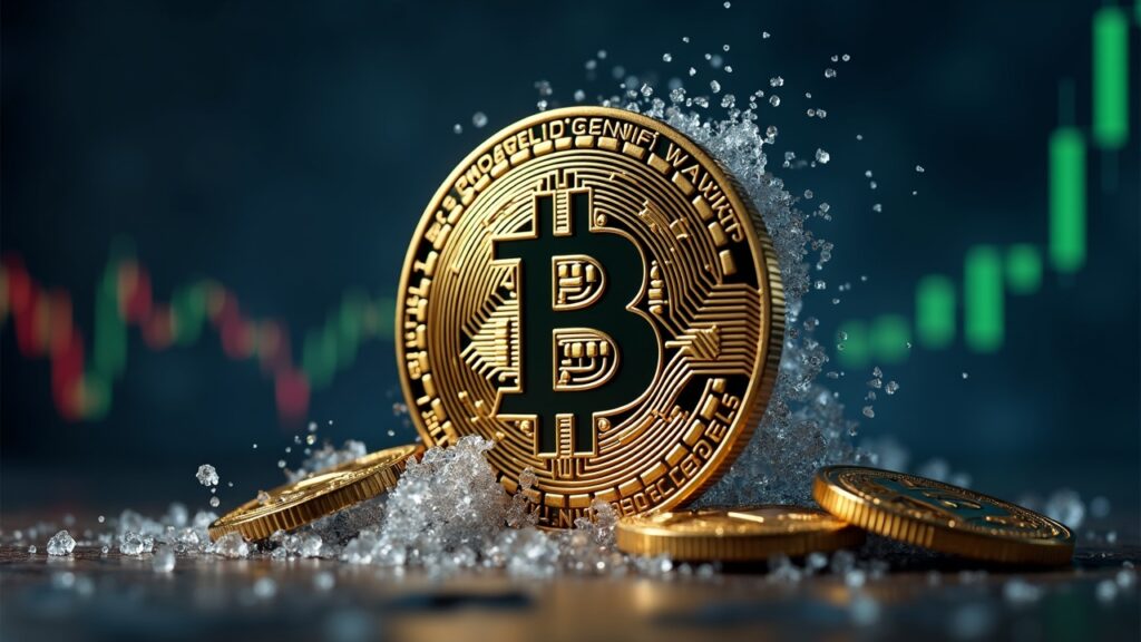 Photorealistic journalistic header: central bank seal transforms into crypto icons while BTC leads liquidity.