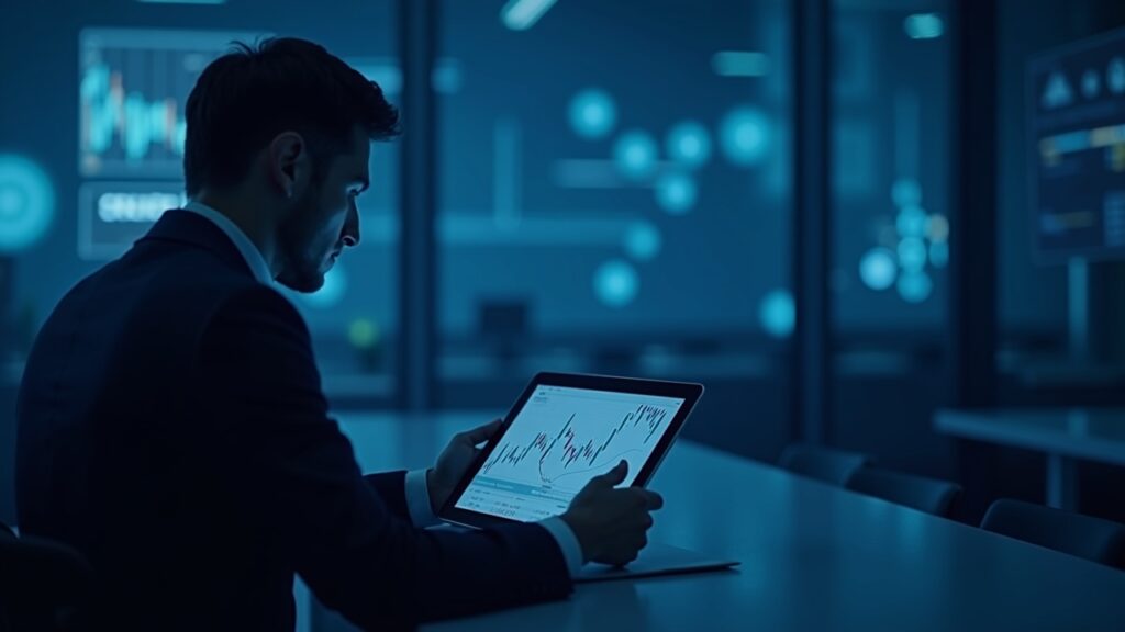 Central investor observing a Gemini IPO chart on a tablet, blurred trading floor and regulatory icons.