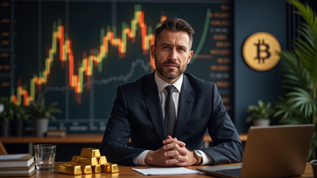 Central figure in an editorial, surrounded by gold, Bitcoin and bullish charts, suggests macro anxiety and volatility.