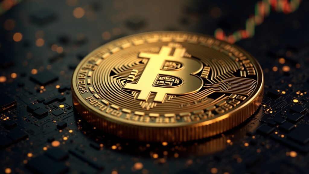 Gold token with blockchain circuitry over a vault and liquidity chart pointing to 3,9B with decentralization nodes.