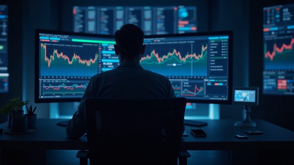 Trader at a high-tech desk reviewing crypto charts; Grok and DeepSeek logos stand out against ChatGPT and Gemini.