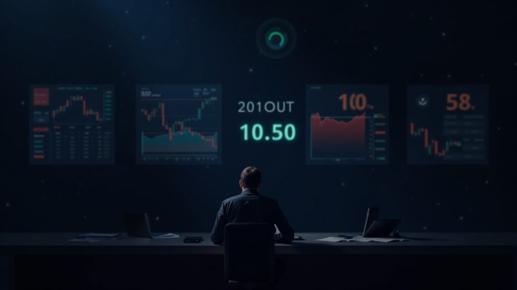 Analyst at an illuminated desk with real-time HBAR graphs; background shows a timeout to indicate data gaps.