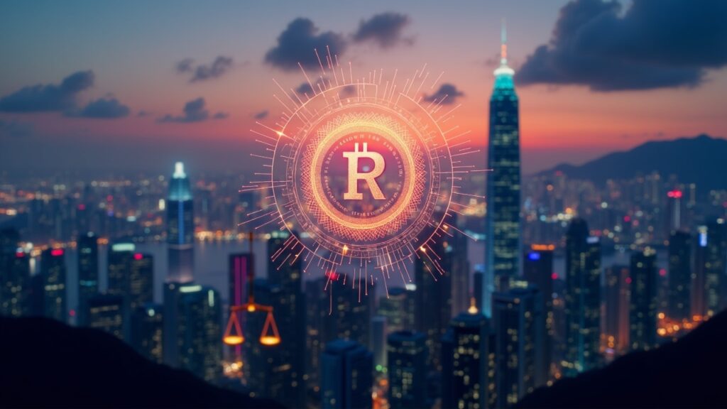 Hong Kong skyline at sunset with a regulatory emblem, blockchain nodes and scales, to illustrate stable crypto regulation.