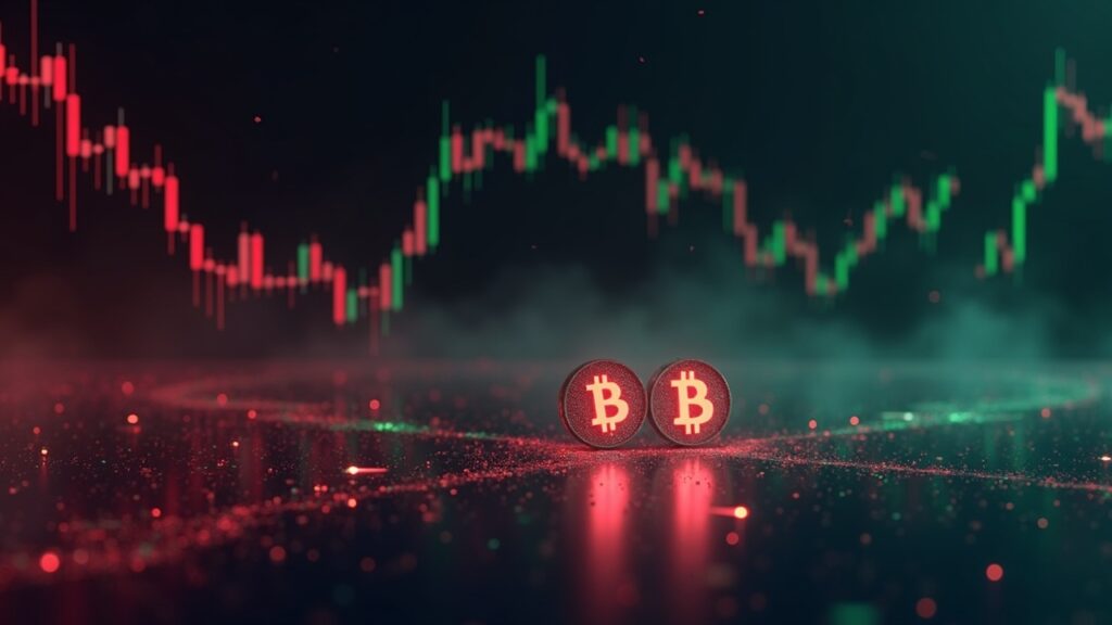 Futuristic trading desk with red and green charts and two merged crypto symbols over a flow of liquidity.