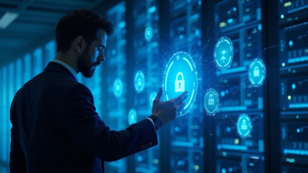 Brinc and HELLO Labs team up to supercharge the next wave of Web3 startups Realistic data center with a leader examining holographic tokens above blockchain icons, IBM blue lighting for institutional custody.