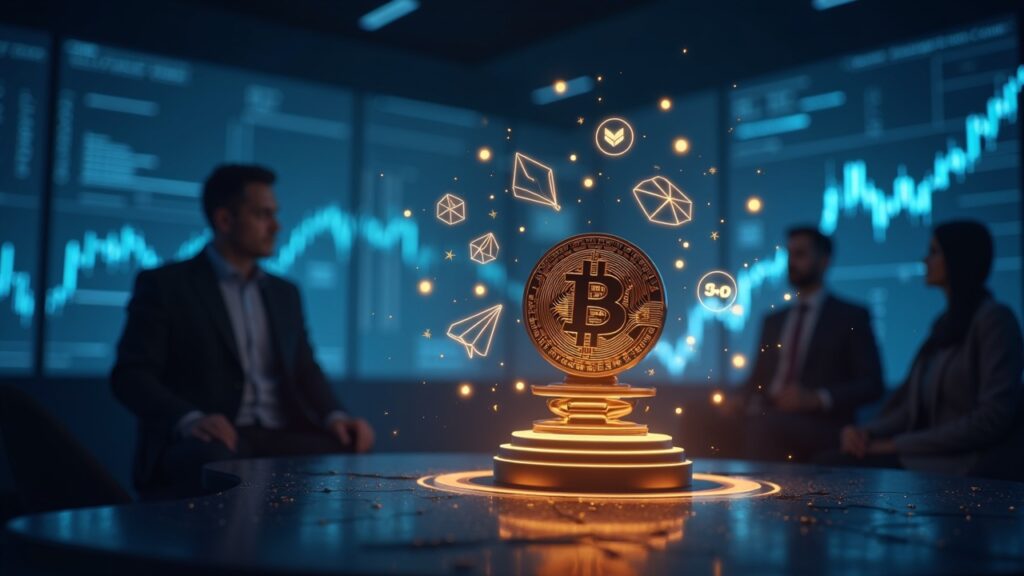 Futuristic newsroom with a rising Bitcoin sculpture, ETF icons in orbit, a regulatory silhouette and a ladder of liquidity.