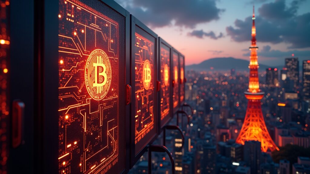 Bitcoin mining farms connected to the national power grid, Tokyo skyline and the flag of Japan, Bitcoin symbol among circuits.