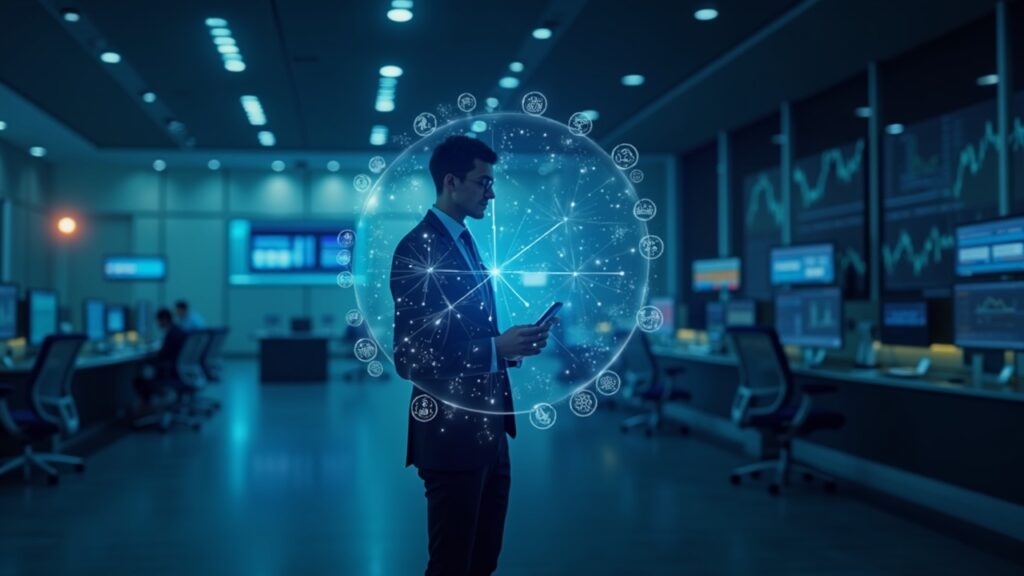 Central figure on a modern trading floor, with Kinexys tokens and blockchain graphics illustrating on-chain capital calls.