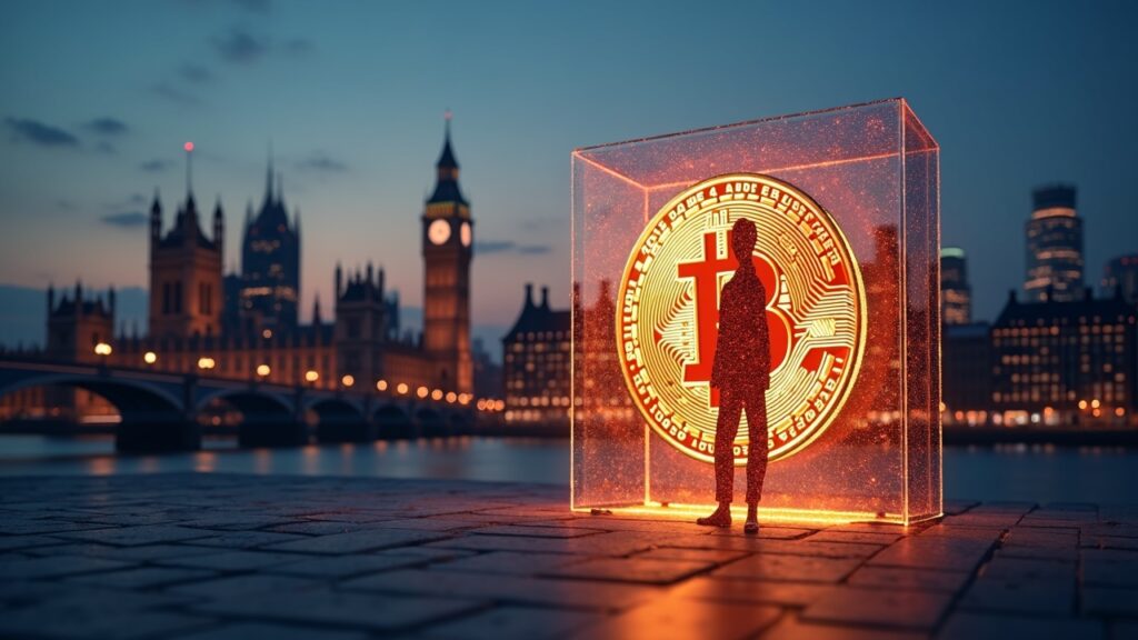 London skyline at dusk with a transparent Bitcoin vault; Chinese victims fade into blockchain code.