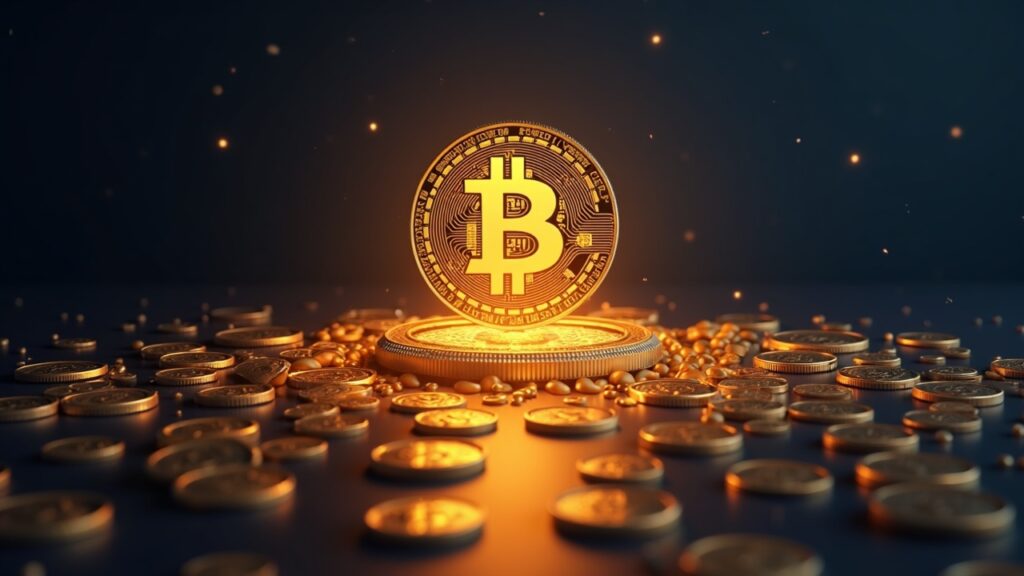 Luminous crypto wallet in the center with BTC flowing toward a DOJ seal, indicating a transfer of 1,3 billion.