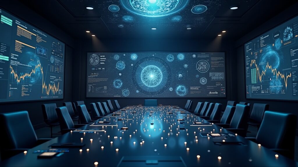 Boardroom with a vortex of crypto logos orbiting a capital-deals chart.