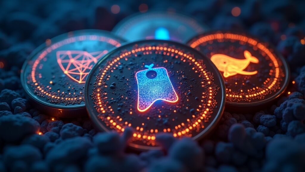 Three shiny crypto tokens in front of a market chart and whale silhouettes, focused on Mantle, Aster and Pump.fun