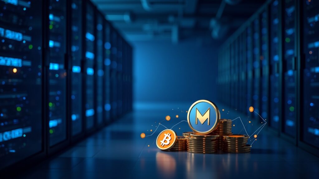 Modern crypto data center with blue racks, bitcoins orbiting a MARA logo, and a BTC reserves chart.