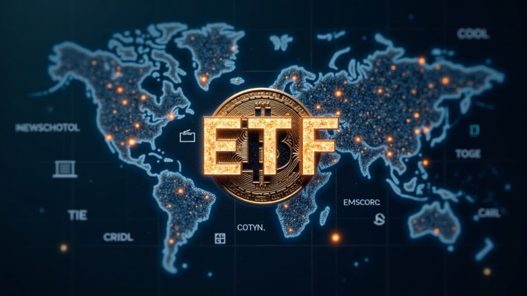 Photorealistic montage: megacap tech and Bitcoin logos fused into an ETF, with regulatory icons and a news background.