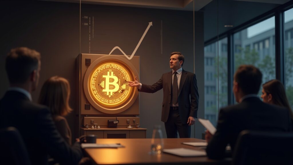 Metaplanet revolutionizes its treasury: obtains $500 million with Bitcoin-backed credit Boardroom scene: Bitcoin vault behind glass, CEO presenting an upward chart and central BTC symbol.