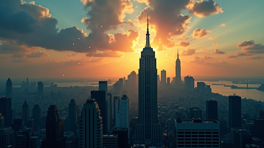 New York skyline with silhouette of a Bitcoin mining facility in front of a gavel and environmental impact charts.