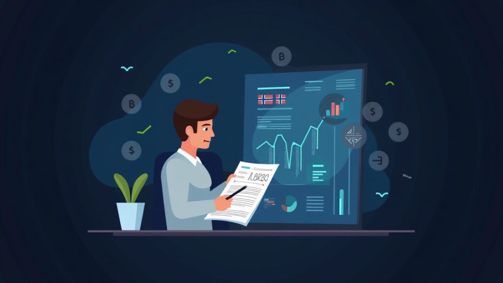 Crypto reporting in Norway skyrockets 30%, surpassing $3.9 billion in declarations Norwegian investor reviewing crypto tax forms and asset charts, with the flag of Norway and blockchain symbols.