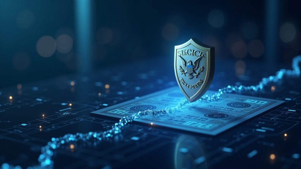 Digital stock certificate flowing through a blockchain toward an SEC shield, in a newsroom scene.