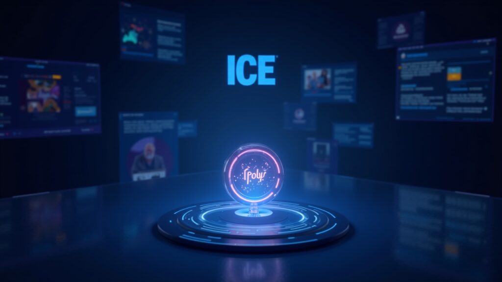 Polymarket readies POLY token as $2 billion ICE pledge triggers an airdrop rush Polymarket interface in the center, POLY hologram and ICE logo, scene symbolizing institutional backing.