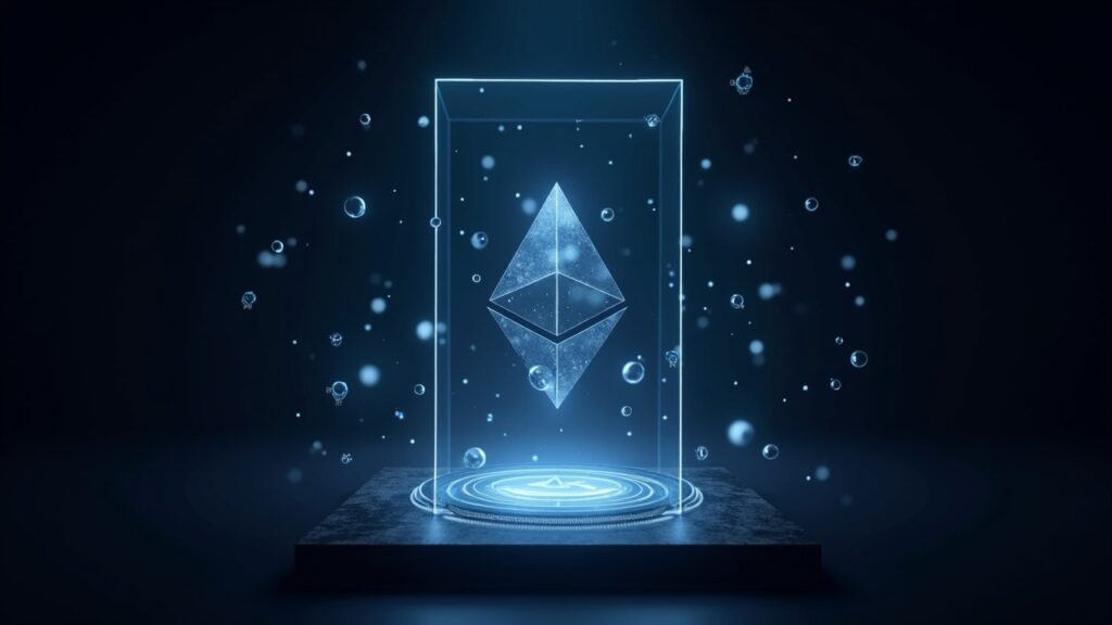 Photorealistic header with a central glass portal emitting zk around tokenized real-world assets.