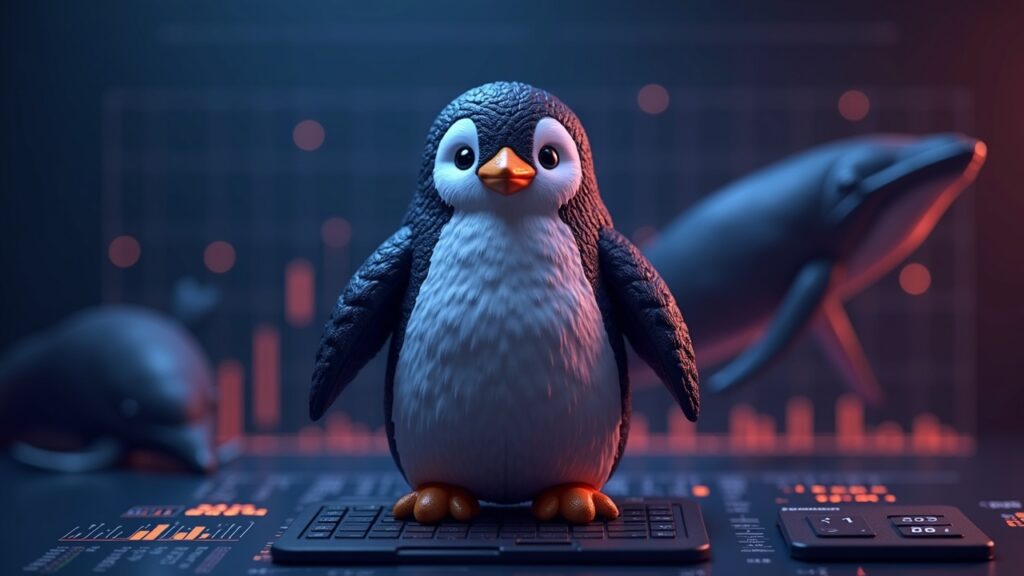 Pudgy Penguin NFT in the center over a crypto dashboard showing a 69% drop and silhouettes of whales.