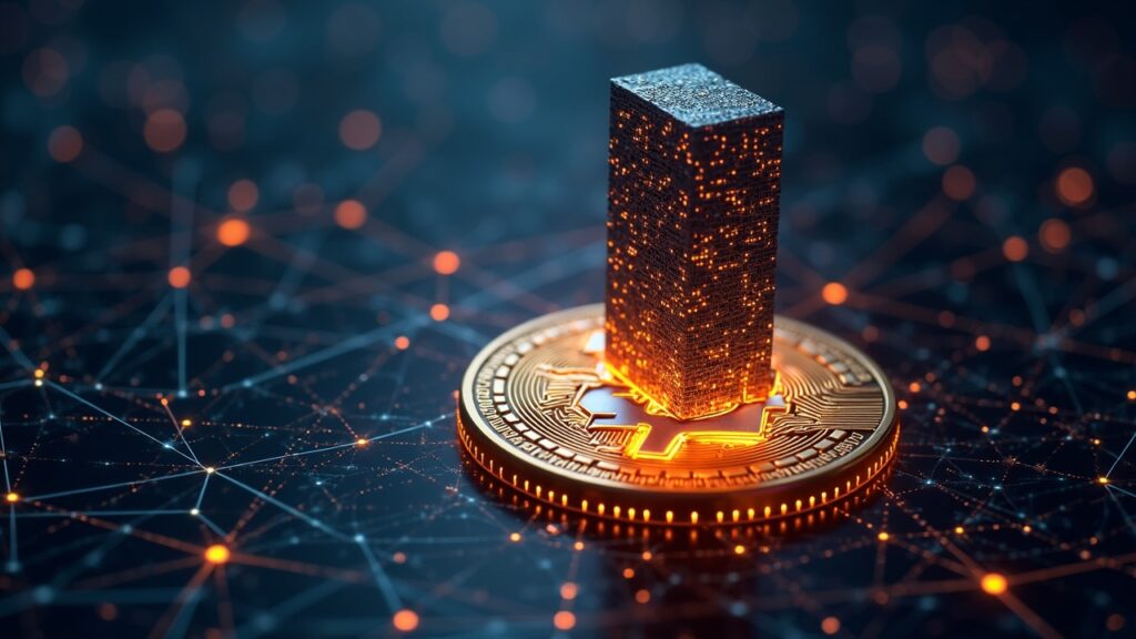 Giant quantum computer above a Bitcoin logo, with frayed blockchain lines suggesting risks to decentralization.