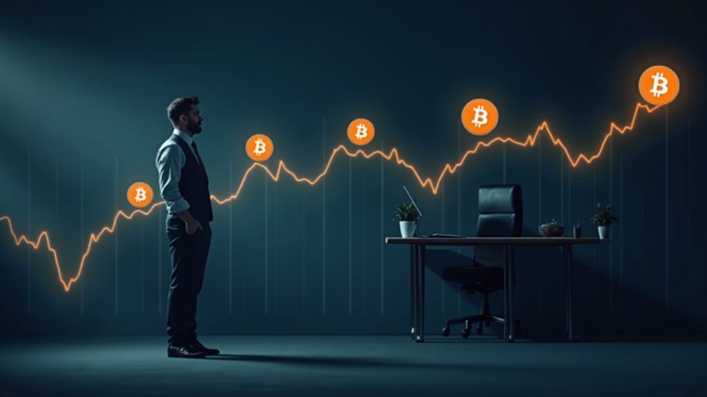 Executive in a newsroom, Bitcoin charts and blockchain motifs suggesting institutional adoption.