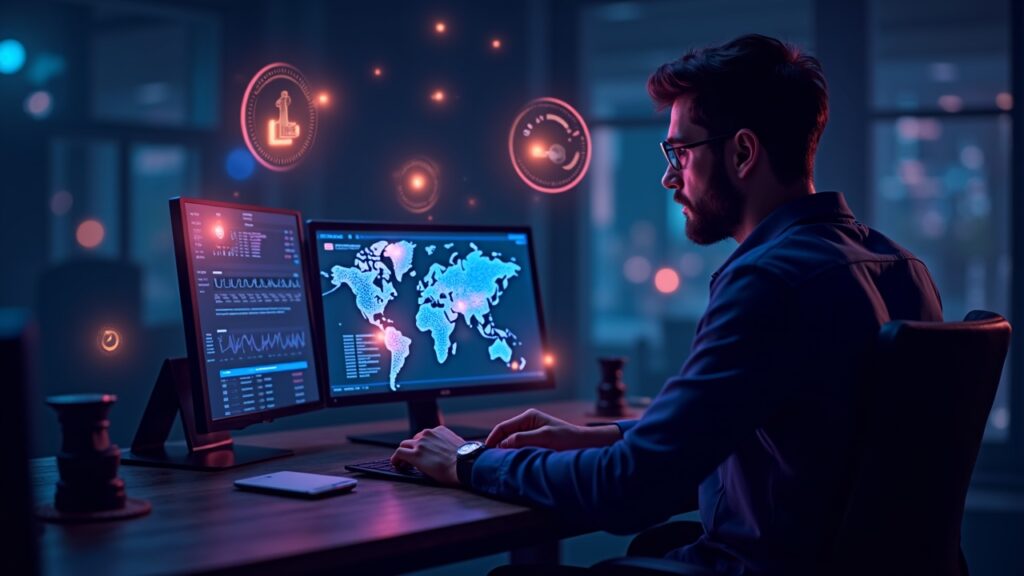 Trader in front of screen with memecoins, regulatory seals on a decentralized network map.