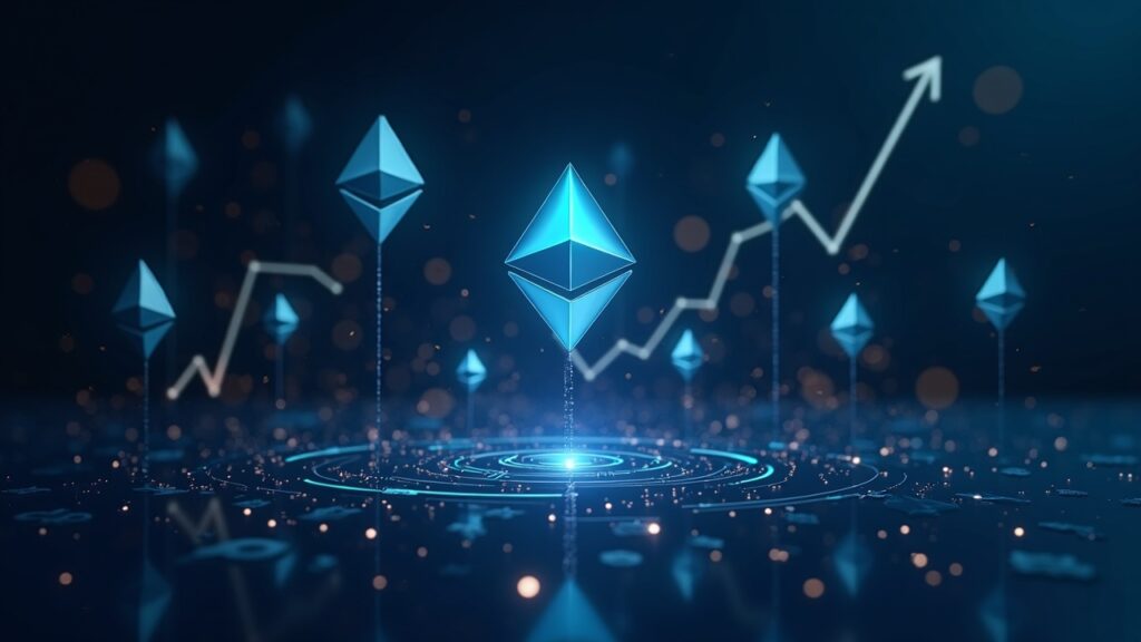 Photorealistic header: farm of validator nodes connected to Ethereum, ETH symbols and an upward-trending chart.
