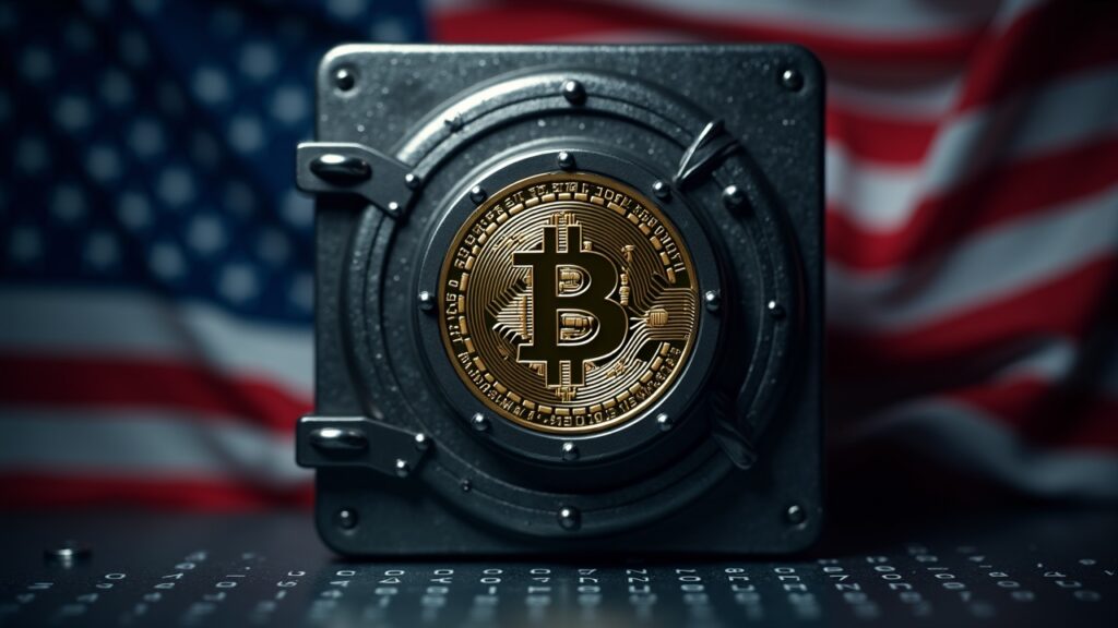 Sealed digital vault with Bitcoin, U.S. flag and blockchain code, symbolizing regulatory gridlock.