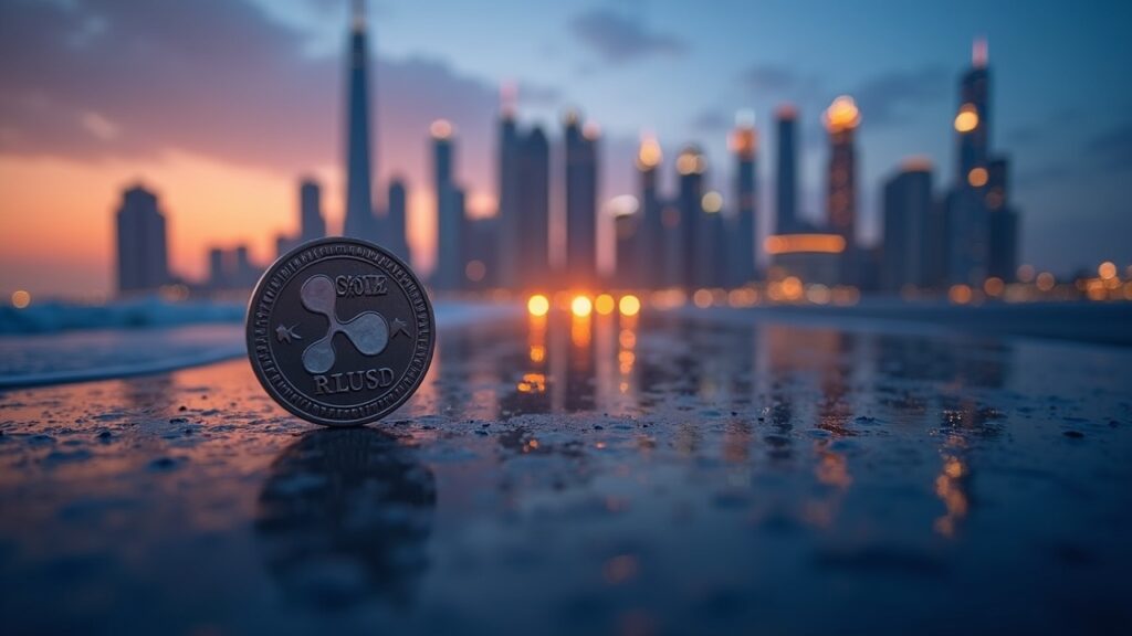Bahrain skyline at sunset with RLUSD and Ripple logo, accompanied by regulatory icons.