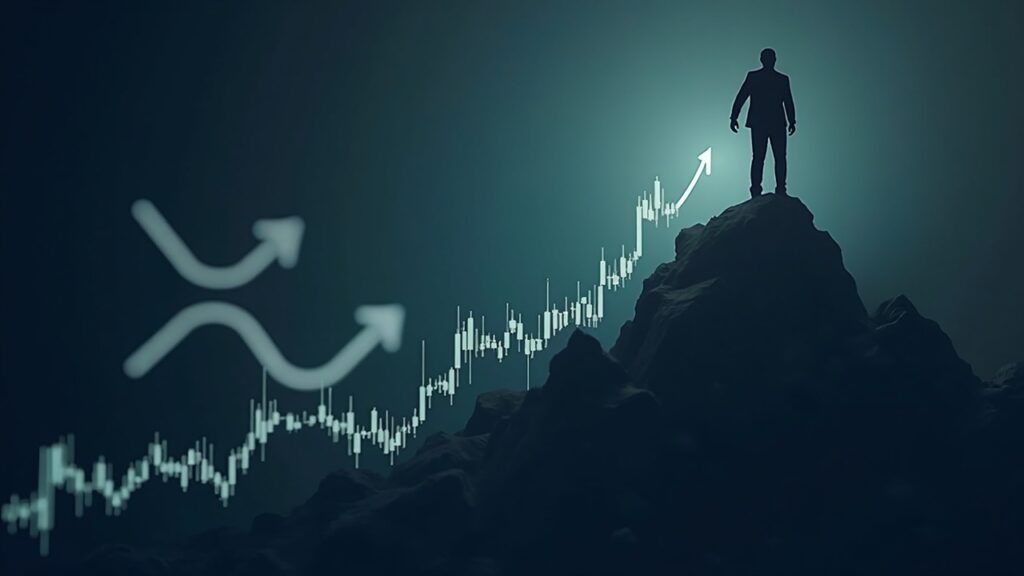 XRP logo over an ascending chart and a dark institutional figure cashing in at the top.