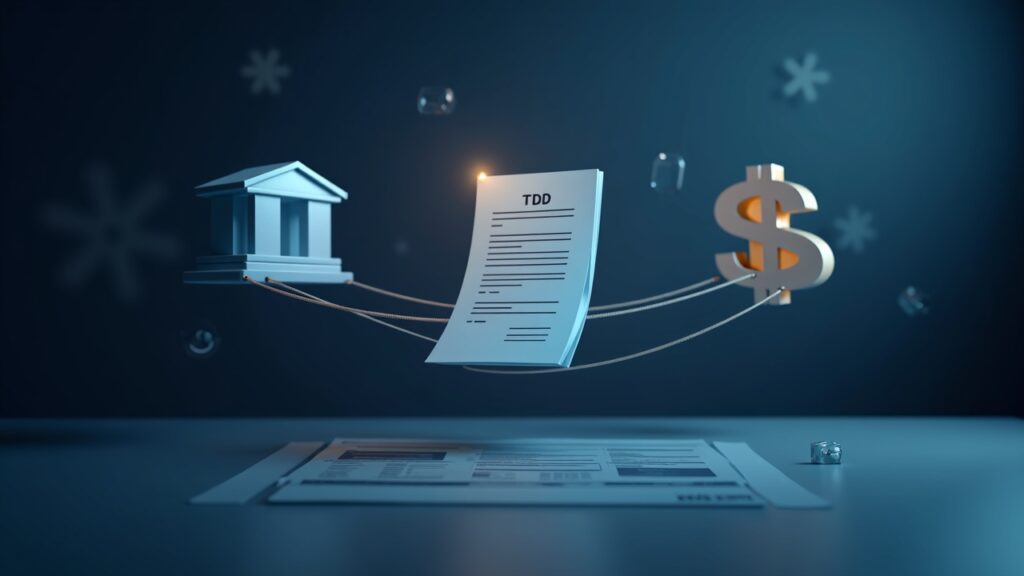 News scene: three floating assets connected by blockchain, empty TBD list, regulatory sparks